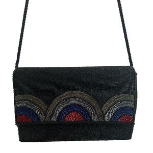 WALBORG VINTAGE METALLIC BEADED BLACK BLUE SILVER UNIQUE RAINBOW HANDBAG CLUTCH